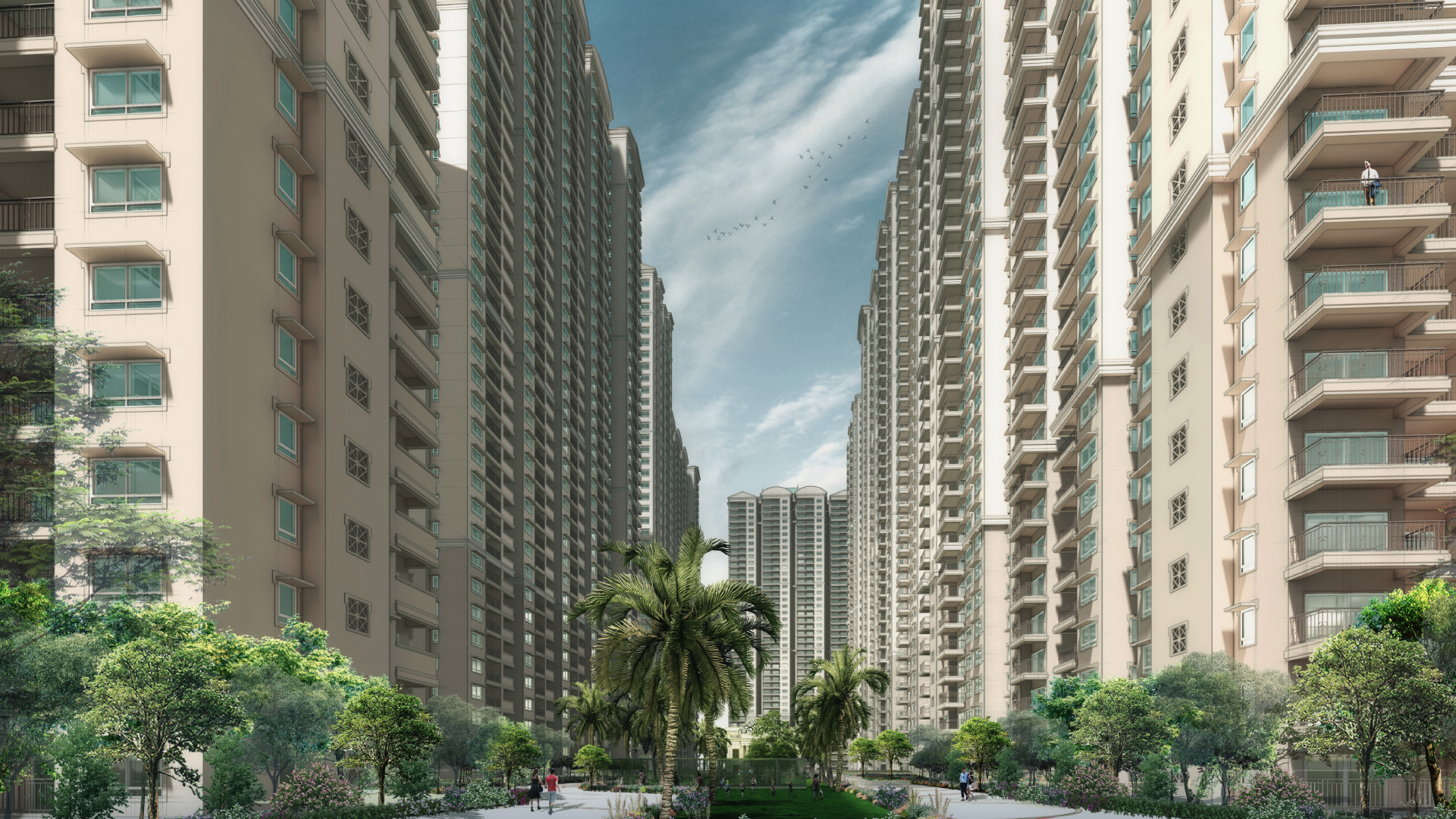 Tree-lined avenue between Prestige City towers
